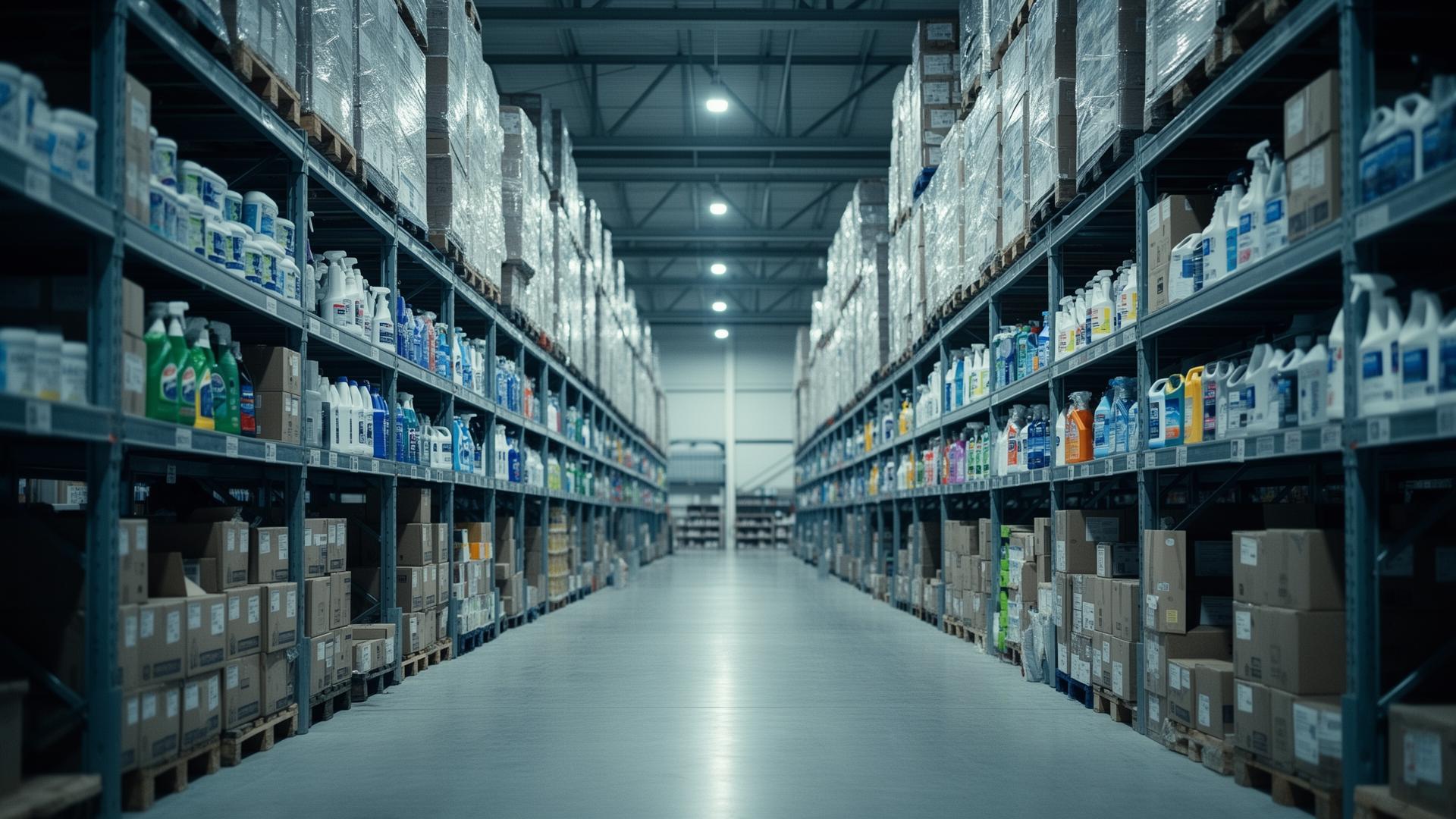 Warehouse aisle with shelving of janitorial, safety, and packaging supplies