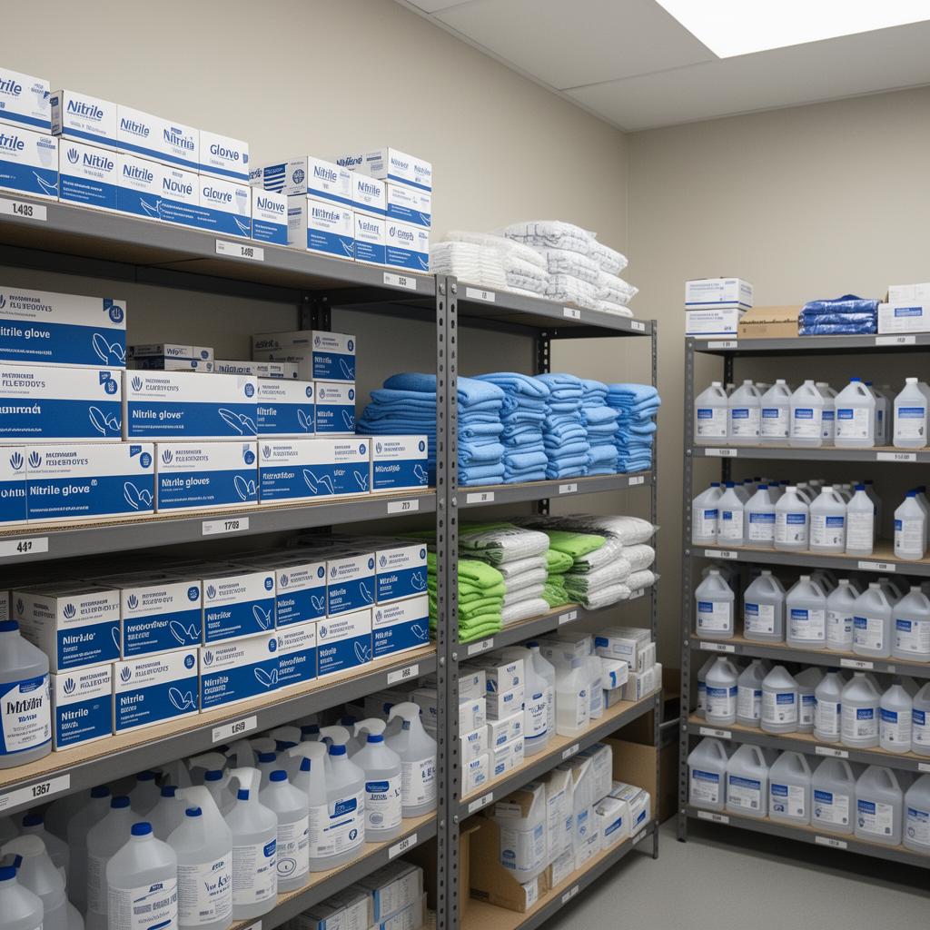 Facility supply room with organized shelves of gloves, towels, and cleaning products